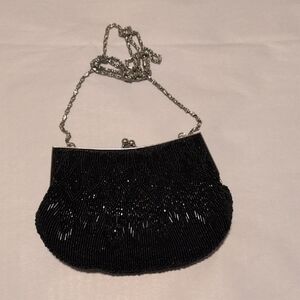 Elegant LaRegale Black Beaded Evening Bag Silver Chain Shoulder Strap